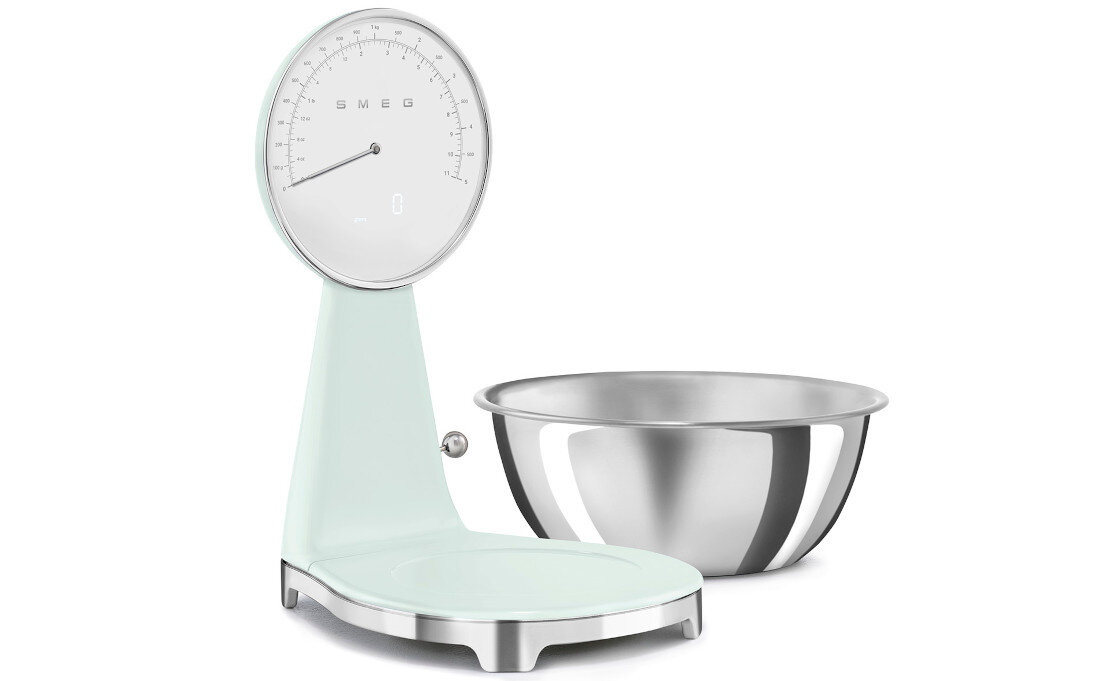 Waga kuchenna SMEG KSF01PGWW Pastelowa Zieleń Zgodność z mikserem Talerz ważący misa mikser płynne przejście od ważenia do miksowania dania desery możliwości
