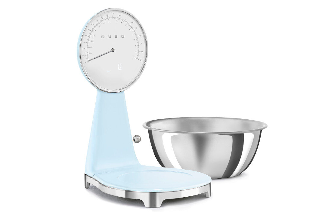 Waga kuchenna SMEG KSF01PBWW Pastelowy Błękit Zgodność z mikserem Talerz ważący misa mikser płynne przejście od ważenia do miksowania dania desery możliwości