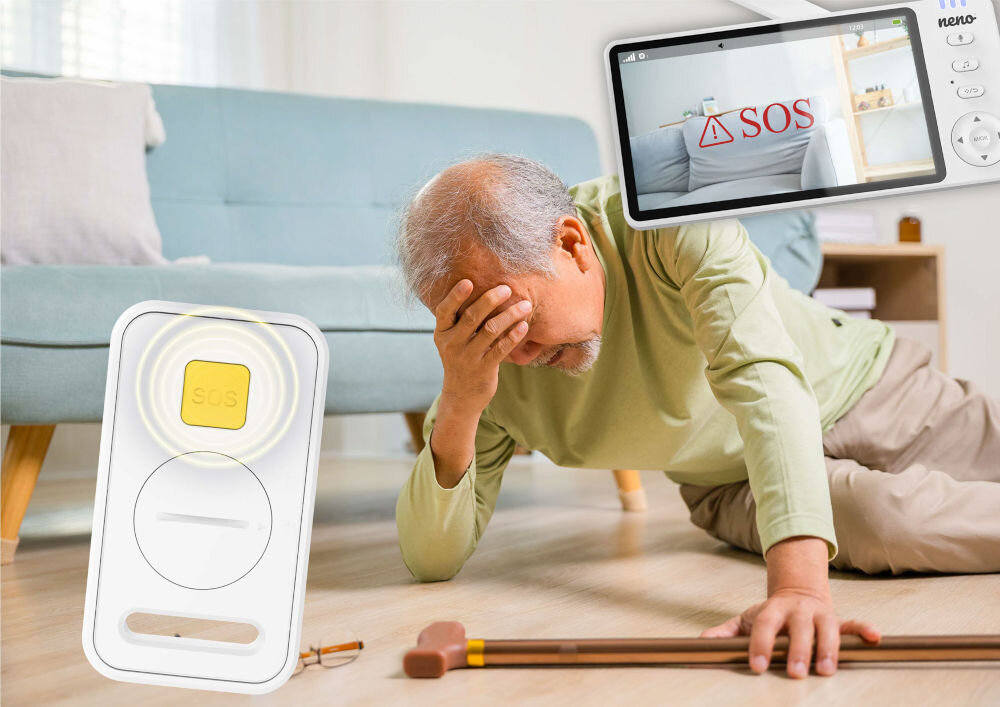 Niania elektroniczna NENO Ti Amo osoba wzywająca pomocy przez pilota przycisk sos wezwanie pomocy powiadomienie na monitorze komunikat alarm