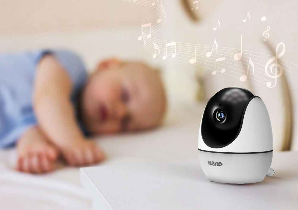 Niania elektroniczna NENO Ti Amo nuty obok kamerki w tle śpiące dziecko 8 wgranych melodii