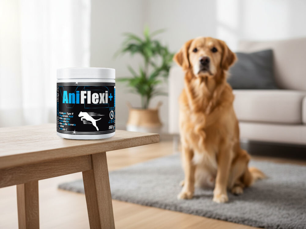 Suplement dla psa GAME DOG AniFlexi+ V2 Golden Retriever siedzący w salonie, obok butelka AniFlexi Marine V2 z kolagenem dla psów.