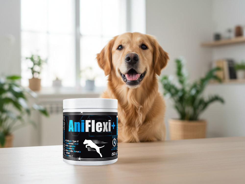 Suplement dla psa GAME DOG AniFlexi+ V2 Uśmiechnięty pies rasy Golden Retriever, obok suplement diety AniFlexi Marine V2.