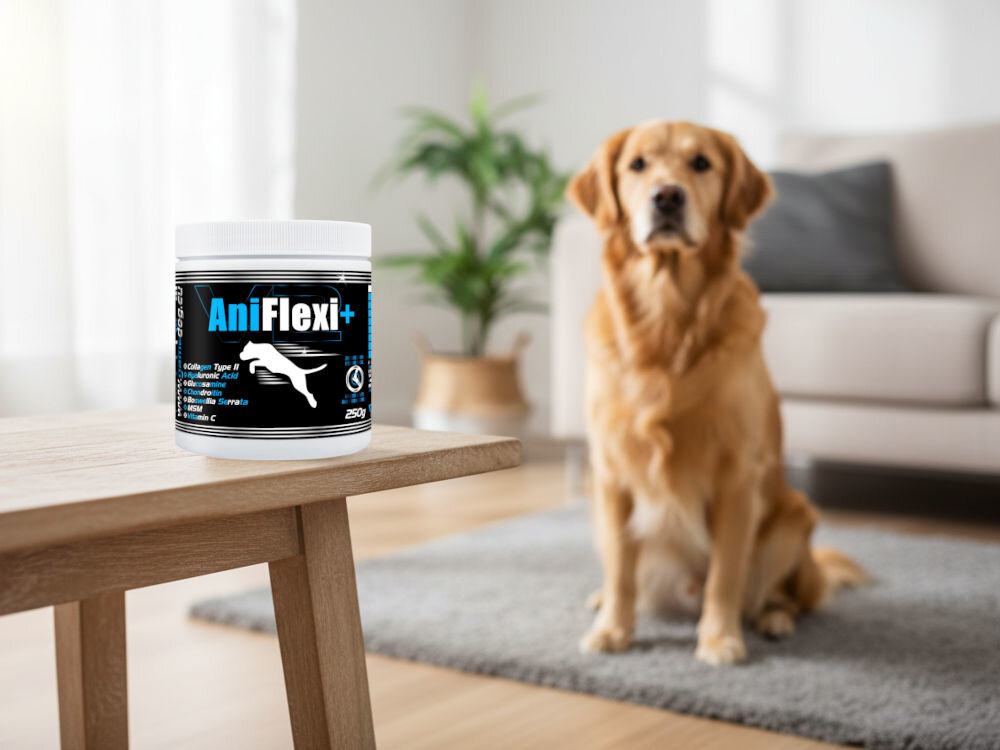 Suplement dla psa GAME DOG AniFlexi+ V2 Golden Retriever siedzący w salonie, obok butelka AniFlexi Marine V2 z kolagenem dla psów.