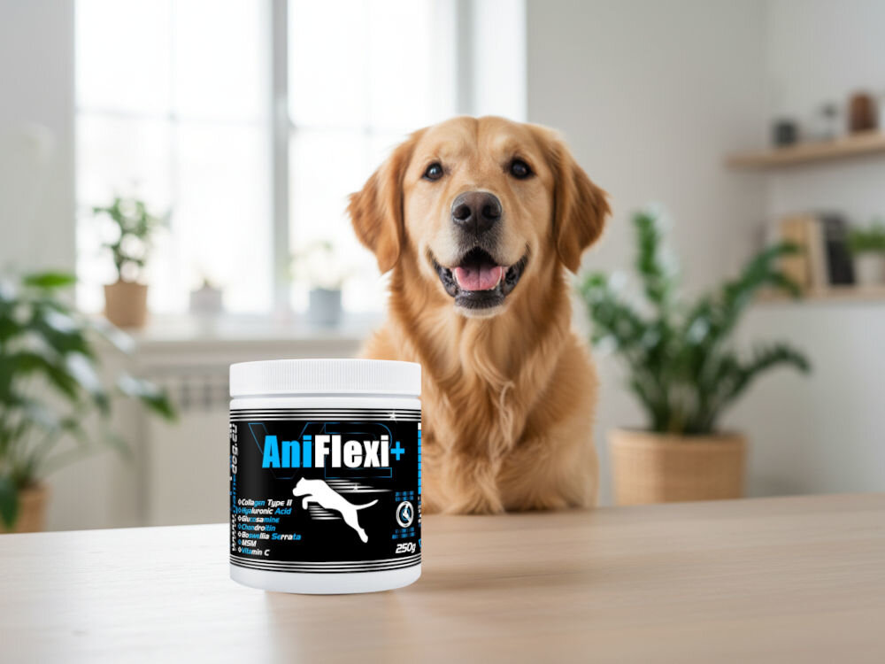 Suplement dla psa GAME DOG AniFlexi+ V2 Uśmiechnięty pies rasy Golden Retriever, obok suplement diety AniFlexi Marine V2.