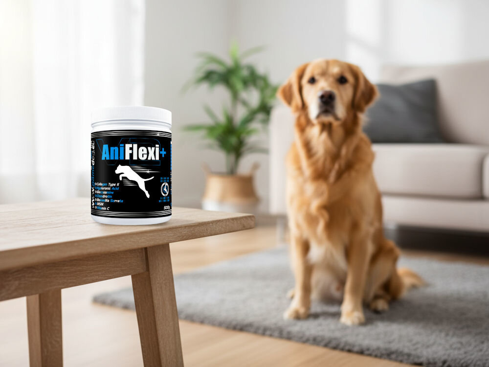 Suplement dla psa GAME DOG AniFlexi+ V2 Golden Retriever siedzący w salonie, obok butelka AniFlexi Marine V2 z kolagenem dla psów.