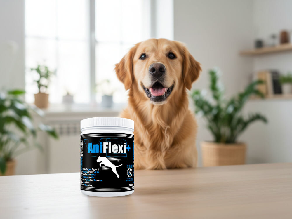 Suplement dla psa GAME DOG AniFlexi+ V2 Uśmiechnięty pies rasy Golden Retriever, obok suplement diety AniFlexi Marine V2.