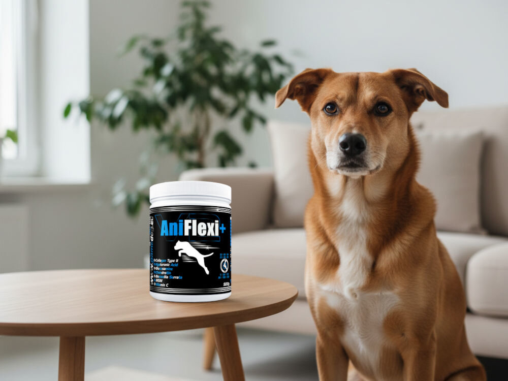 Suplement dla psa GAME DOG AniFlexi+ V2 Pies rasy mieszanej siedzący obok suplementu AniFlexi Marine V2, wspierającego ruchomość stawów.