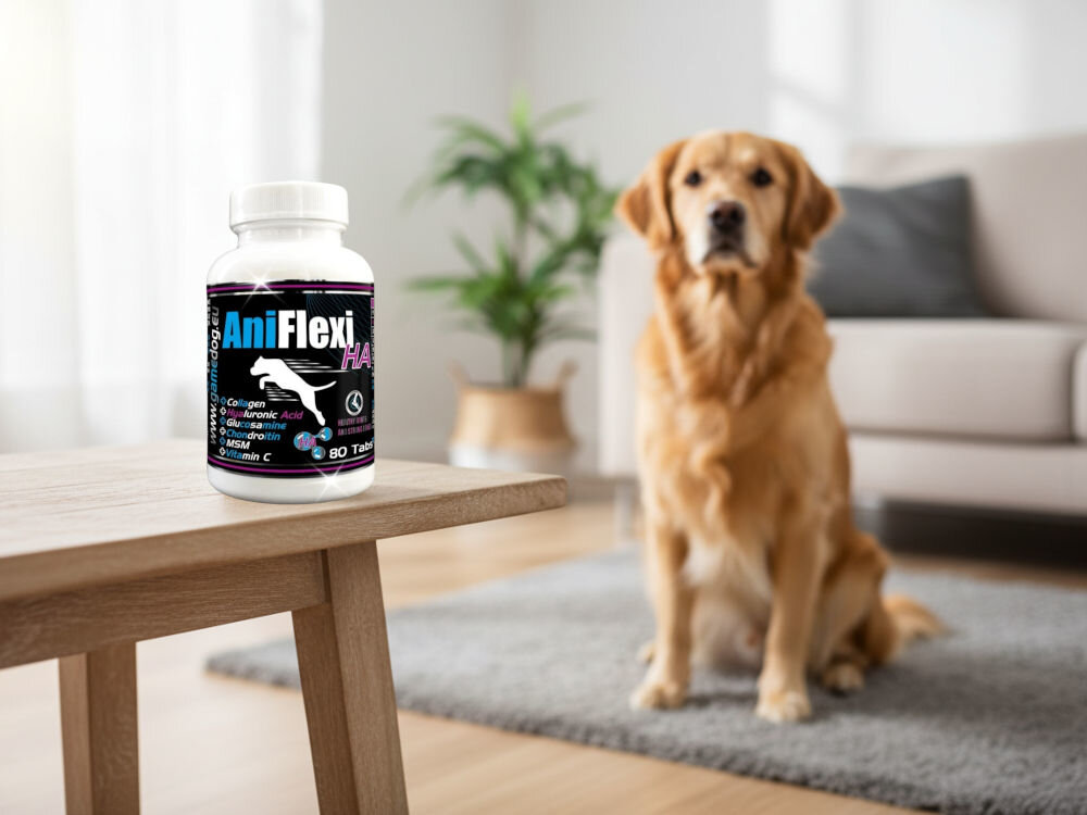 Suplement dla psa GAME DOG AniFlexi HA (80 kapsułek) Golden Retriever siedzący w salonie, obok butelka AniFlexi HA, suplementu na stawy dla dużych psów.