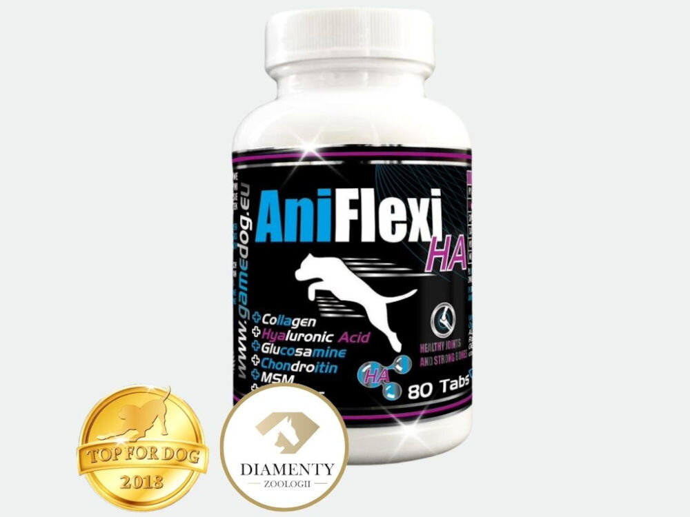 Suplement dla psa GAME DOG AniFlexi HA (80 kapsułek) AniFlexi HA suplement na zdrowe stawy psa. Butelka z nagrodami: TOP FOR DOG 2018 i DIAMENTY ZOOLOGII.