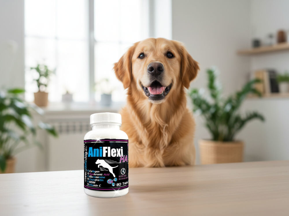 Suplement dla psa GAME DOG AniFlexi HA (80 kapsułek) Uśmiechnięty pies rasy Golden Retriever, obok suplement diety AniFlexi HA.