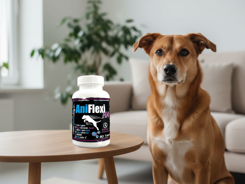 Suplement dla psa GAME DOG AniFlexi HA (80 kapsułek) Pies rasy mieszanej siedzący w salonie, obok widoczny suplement AniFlexi HA na regenerację stawów.