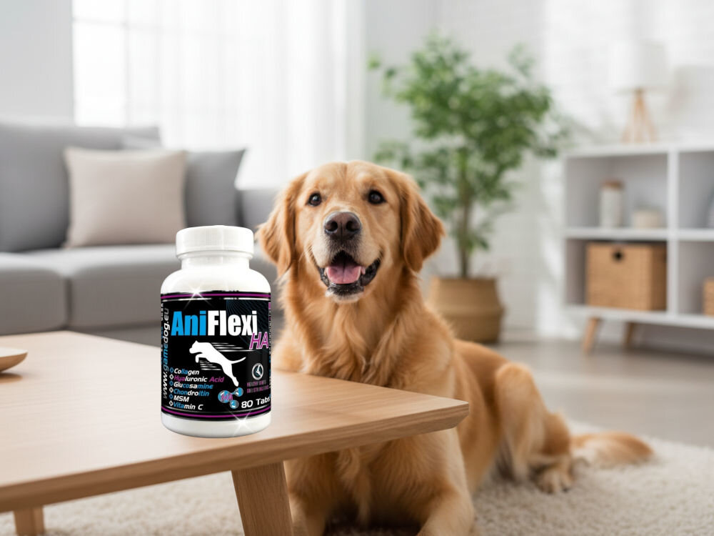Suplement dla psa GAME DOG AniFlexi HA (80 kapsułek) Zadowolony Golden Retriever leżący obok butelki AniFlexi HA, polecanego na elastyczność stawów.