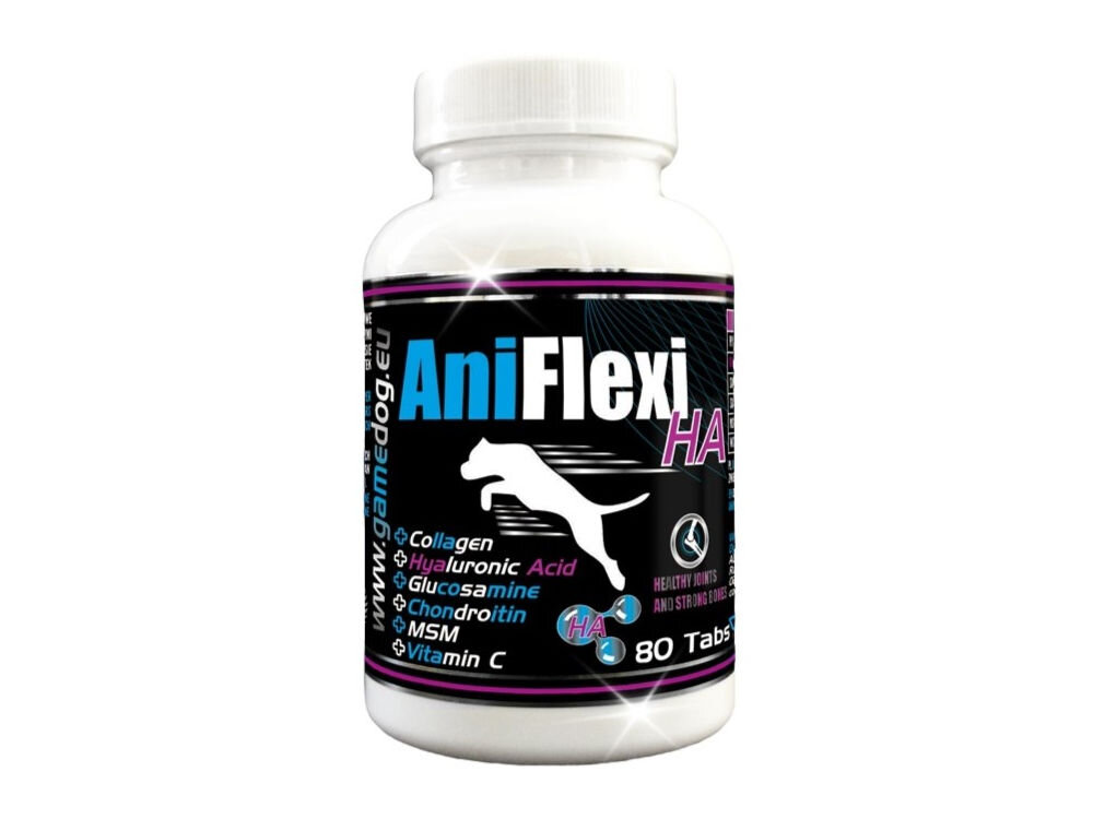 Suplement dla psa GAME DOG AniFlexi HA (80 kapsułek) Suplement dla psa AniFlexi HA – 80 tabletek wspierających stawy. Składniki: Kolagen, Kwas Hialuronowy, Glukozamina, Chondroityna, MSM, Witamina C.