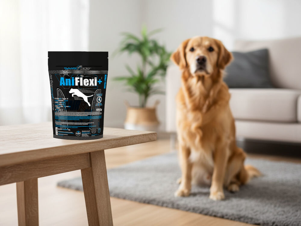 Suplement dla psa GAME DOG AniFlexi+ V2 Golden Retriever siedzący w salonie, obok butelka AniFlexi Marine V2 z kolagenem dla psów.