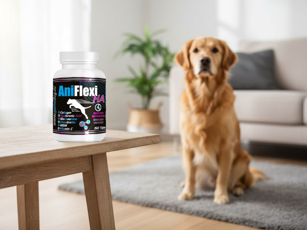 Suplement dla psa GAME DOG AniFlexi HA (150 kapsułek) Golden Retriever siedzący w salonie, obok butelka AniFlexi HA, suplementu na stawy dla dużych psów.