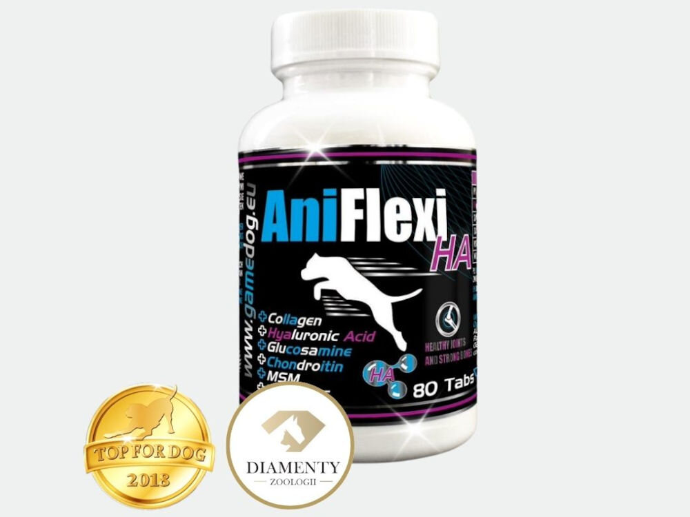 Suplement dla psa GAME DOG AniFlexi HA (150 kapsułek) AniFlexi HA suplement na zdrowe stawy psa. Butelka z nagrodami: TOP FOR DOG 2018 i DIAMENTY ZOOLOGII.