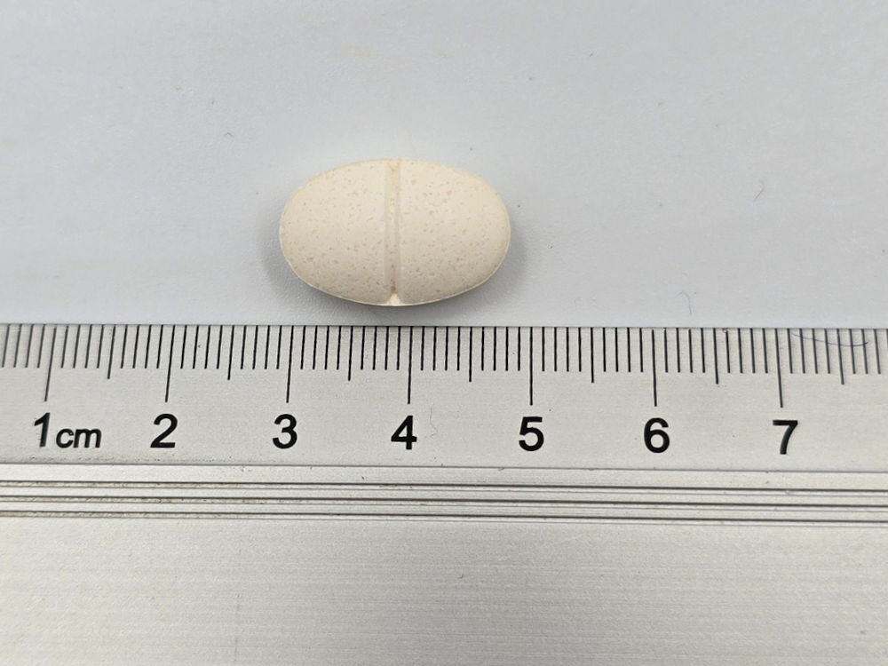 Suplement dla psa GAME DOG AniFlexi HA (150 kapsułek) Pojedyncza tabletka suplementu AniFlexi HA dla psa na linijce miarowej, pokazująca rozmiar.