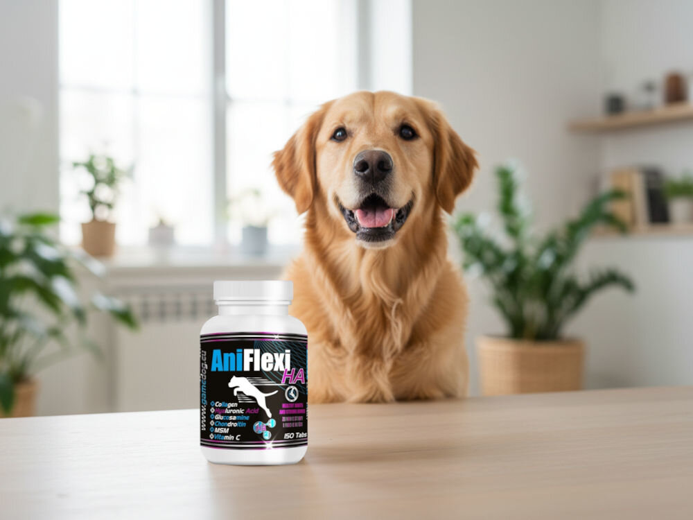 Suplement dla psa GAME DOG AniFlexi HA (150 kapsułek) Uśmiechnięty pies rasy Golden Retriever, obok suplement diety AniFlexi HA.