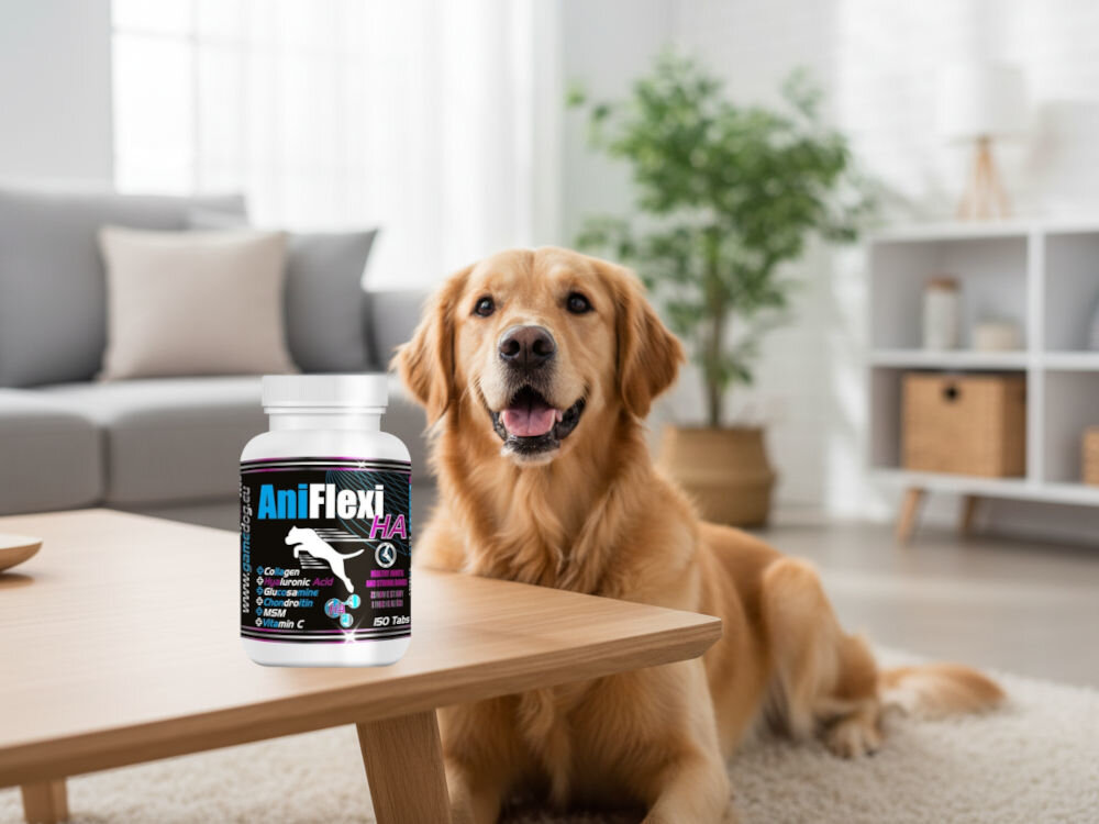 Suplement dla psa GAME DOG AniFlexi HA (150 kapsułek) Zadowolony Golden Retriever leżący obok butelki AniFlexi HA, polecanego na elastyczność stawów.