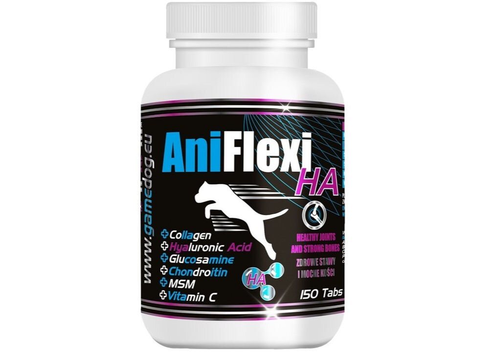 Suplement dla psa GAME DOG AniFlexi HA (150 kapsułek) Suplement dla psa AniFlexi HA – 80 tabletek wspierających stawy. Składniki: Kolagen, Kwas Hialuronowy, Glukozamina, Chondroityna, MSM, Witamina C.
