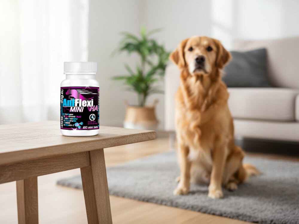 Suplement dla psa GAME DOG AniFlexi HA Mini (120 kapsułek) Golden Retriever siedzący w salonie, obok butelka AniFlexi HA, suplementu na stawy dla dużych psów.