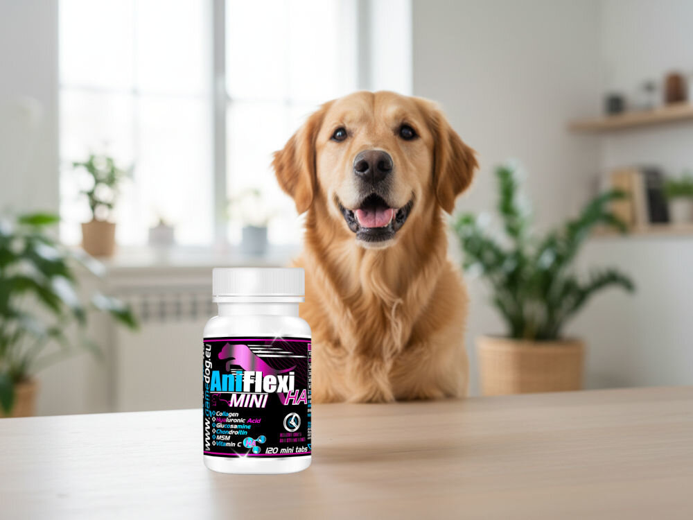 Suplement dla psa GAME DOG AniFlexi HA Mini (120 kapsułek) Uśmiechnięty pies rasy Golden Retriever, obok suplement diety AniFlexi HA.