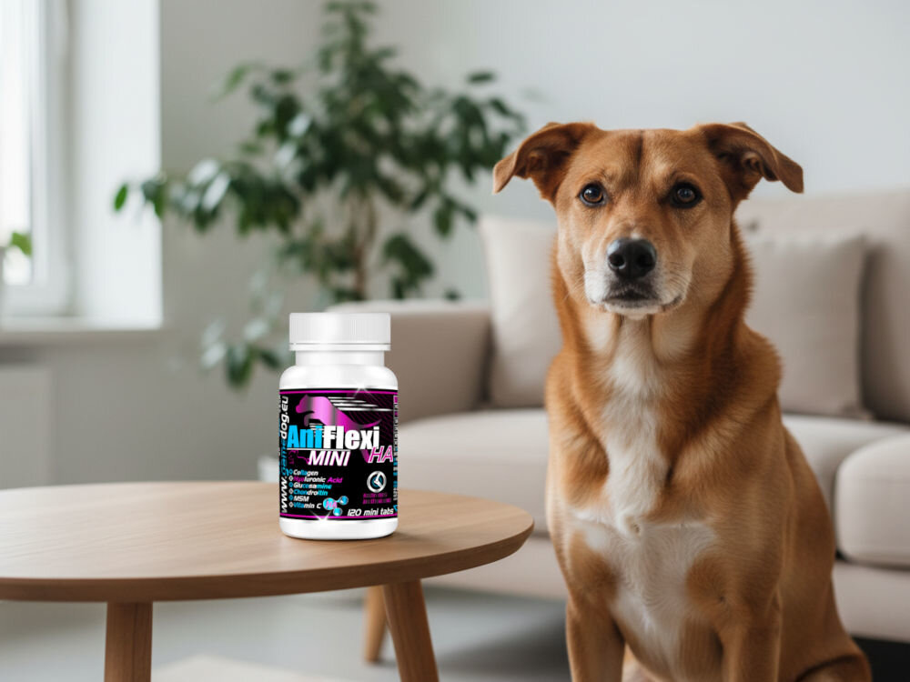 Suplement dla psa GAME DOG AniFlexi HA Mini (120 kapsułek) Pies rasy mieszanej siedzący w salonie, obok widoczny suplement AniFlexi HA na regenerację stawów.