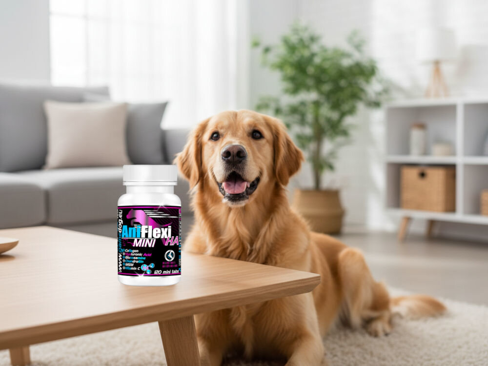 Suplement dla psa GAME DOG AniFlexi HA Mini (120 kapsułek) Zadowolony Golden Retriever leżący obok butelki AniFlexi HA, polecanego na elastyczność stawów.