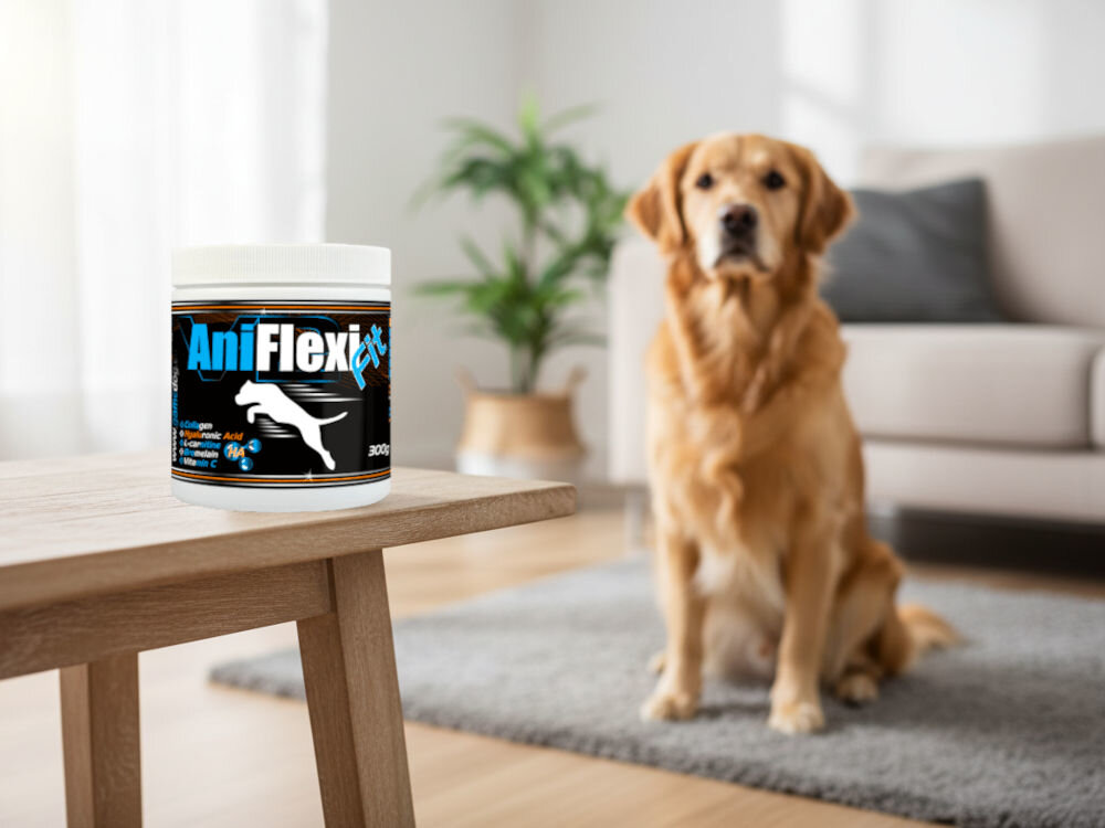 Suplement dla psa GAME DOG AniFlexi Fit V2 (100 kapsułek) Białe opakowanie suplementu diety dla psa ArthroFlexi (100 tabletek) na drewnianym stoliku w salonie, z widocznym z tyłu psem rasy Golden Retriever. Opakowanie ma niebiesko-czarną etykietę z sylwetką skaczącego zwierzęcia.