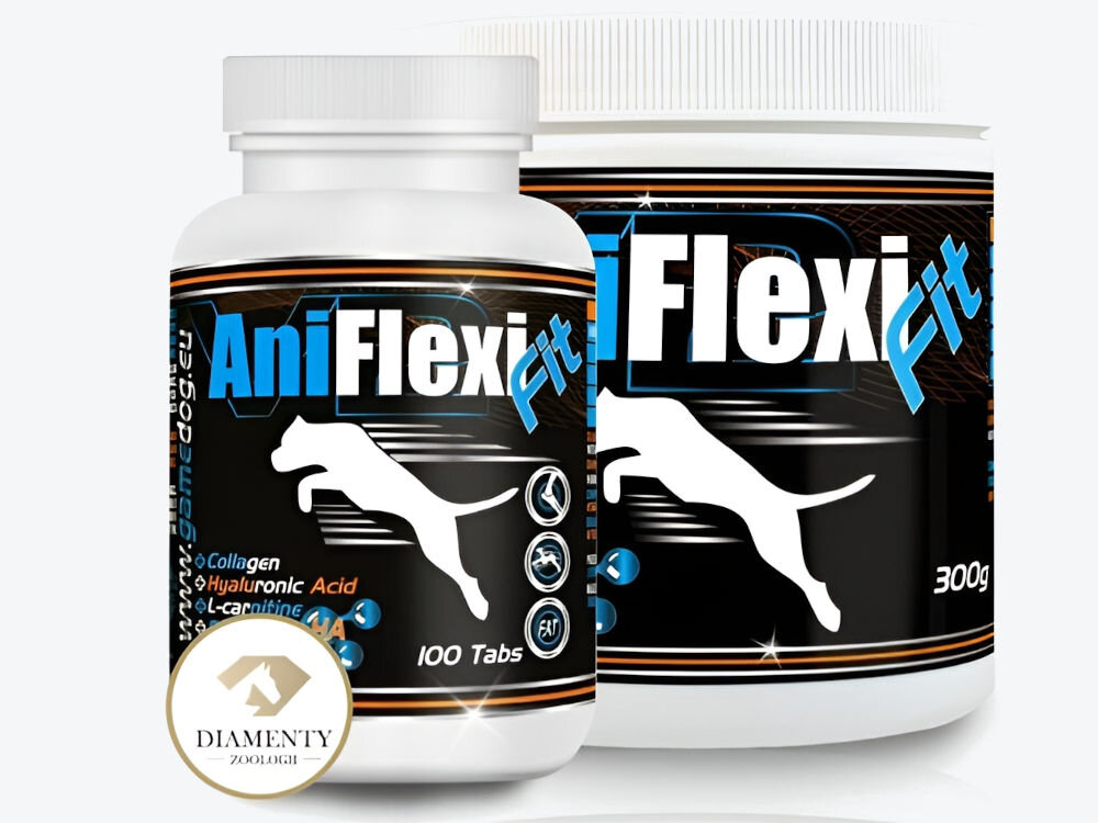 Suplement dla psa GAME DOG AniFlexi Fit V2 (100 kapsułek) Zestaw dwóch opakowań suplementu GameDog AniFlexiFit (w tabletkach i proszku 300g), wyróżniony logo DIAMENTY ZOOLOGII. Produkt wspiera ruchomość stawów i metabolizm.