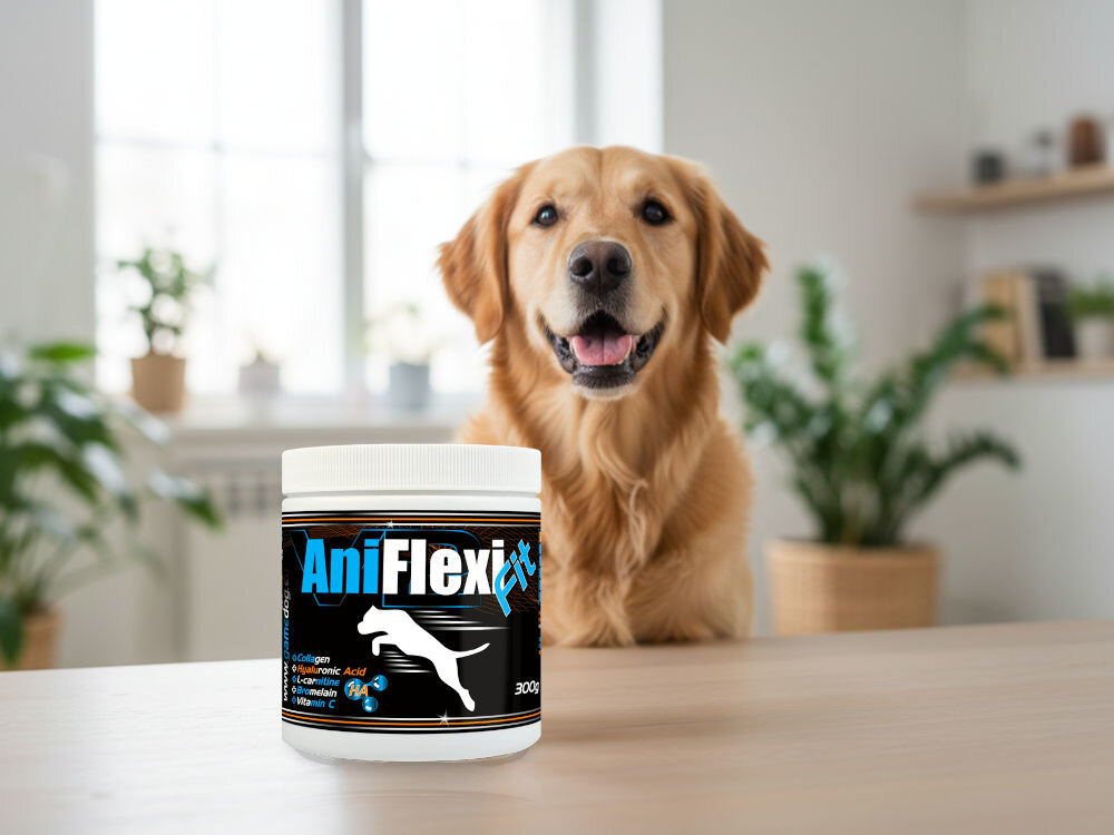 Suplement dla psa GAME DOG AniFlexi Fit V2 (100 kapsułek) Golden Retriever w jasnym wnętrzu, patrzący zza stołu. Na pierwszym planie butelka suplementu GameDog AniFlexiFit (100 Tabs) na stawy i fat loss.