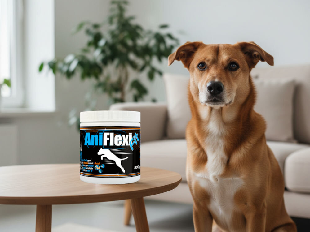 Suplement dla psa GAME DOG AniFlexi Fit V2 (100 kapsułek) Rudy pies mieszanej rasy, siedzący w salonie, obok butelki suplementu GameDog AniFlexiFit (100 Tabs) przeznaczonego na stawy i masę ciała.