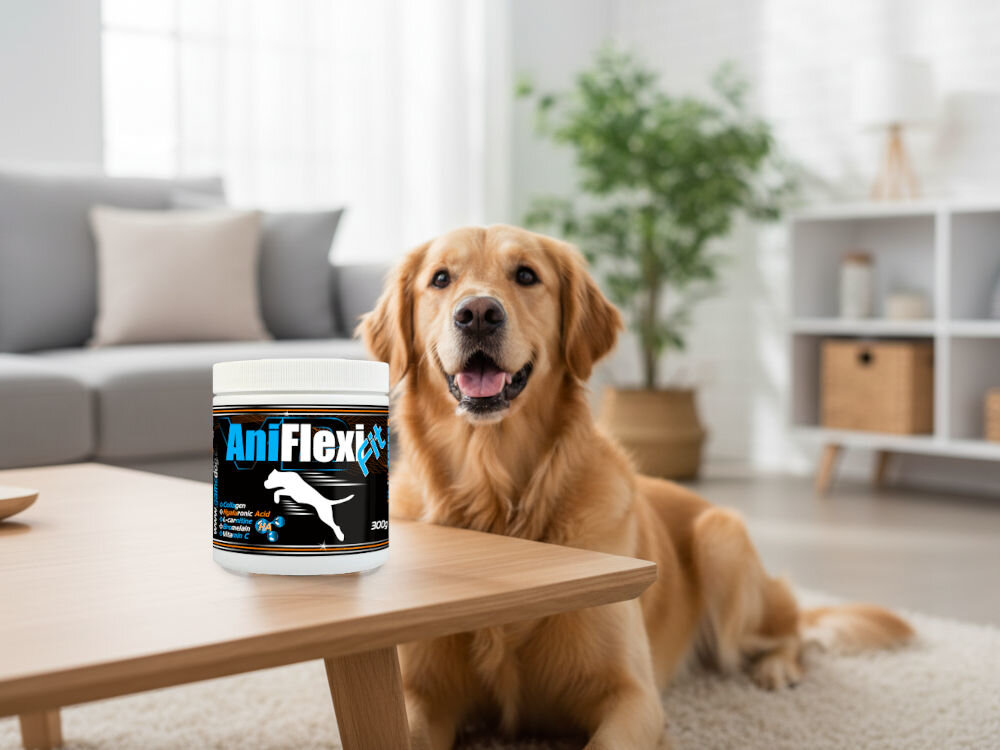 Suplement dla psa GAME DOG AniFlexi Fit V2 (100 kapsułek) Golden Retriever leżący na puszystym dywanie w salonie. Obok niego na niskim, drewnianym stoliku umieszczono butelkę suplementu GameDog AniFlexiFit.