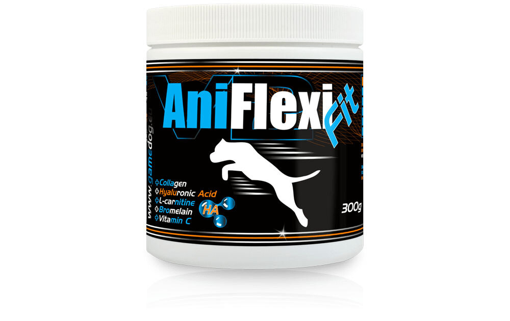 Suplement dla psa GAME DOG AniFlexi Fit V2 (100 kapsułek) Suplement GameDog AniFlexiFit dla psów, 100 tabletek. Czarne i niebieskie logo z sylwetką skaczącego psa. Składniki widoczne na etykiecie: Kolagen, Kwas Hialuronowy (HA), L-karnityna, Bromelaina, Witamina C. Przeznaczony na stawy i redukcję tkanki tłuszczowej (FAT).
