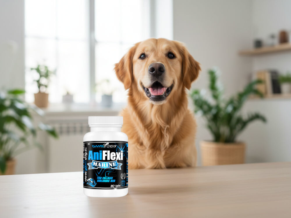 Suplement dla psa GAME DOG AniFlexi Marine V2 Szczęśliwy pies rasy Golden Retriever na tle butelki AniFlexi Marine V2, suplementu wspierającego ruchomość stawów.