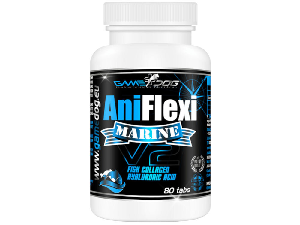 Suplement dla psa GAME DOG AniFlexi Marine V2 Suplement dla psa AniFlexi Marine V2 z Kolagenem Rybim i Kwasem Hialuronowym. Butelka 80 tabletek wspierających stawy.