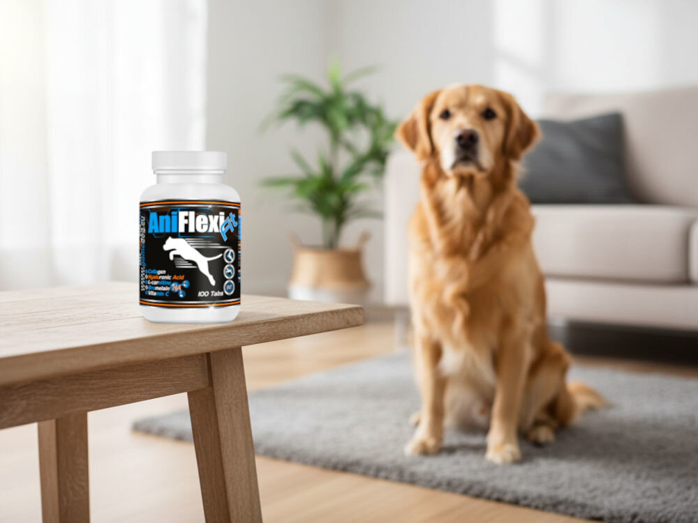 Suplement dla psa GAME DOG AniFlexi Fit V2 (100 kapsułek) Białe opakowanie suplementu diety dla psa ArthroFlexi (100 tabletek) na drewnianym stoliku w salonie, z widocznym z tyłu psem rasy Golden Retriever. Opakowanie ma niebiesko-czarną etykietę z sylwetką skaczącego zwierzęcia.