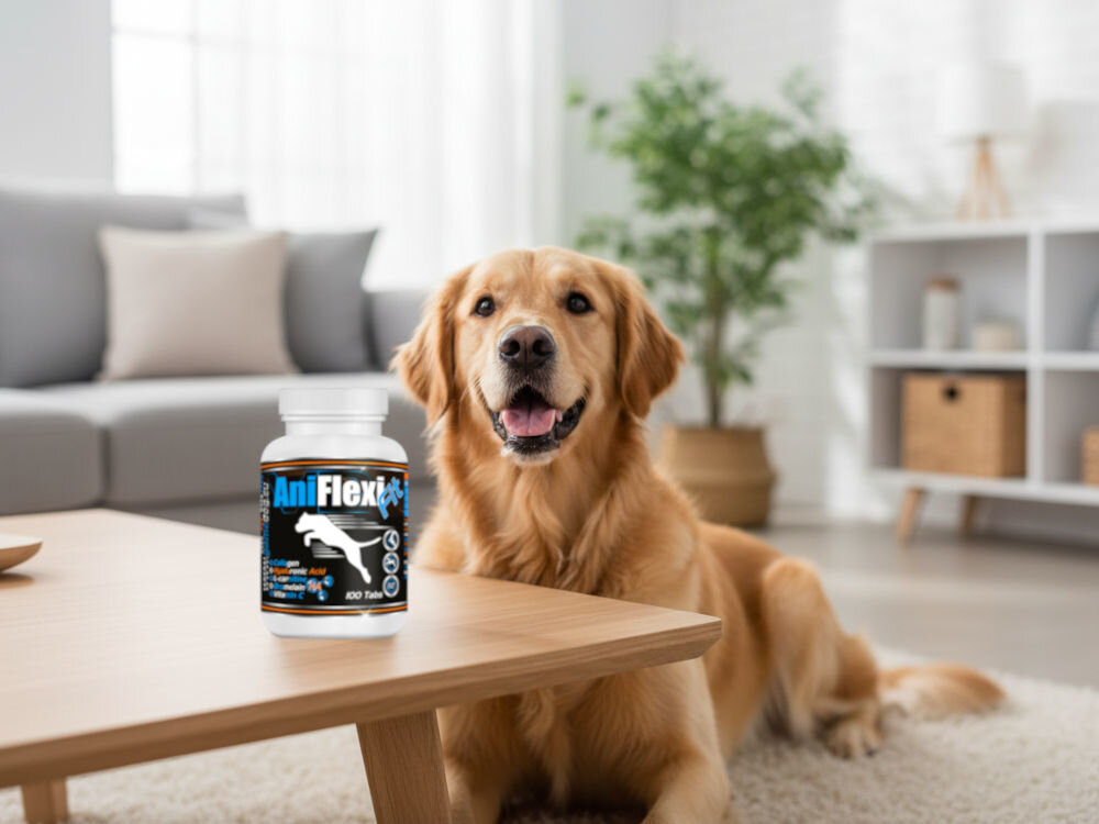 Suplement dla psa GAME DOG AniFlexi Fit V2 (100 kapsułek) Golden Retriever leżący na puszystym dywanie w salonie. Obok niego na niskim, drewnianym stoliku umieszczono butelkę suplementu GameDog AniFlexiFit.