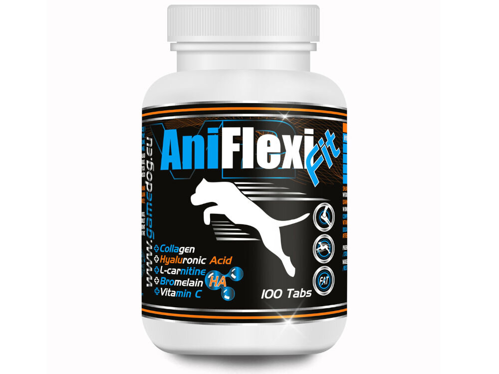 Suplement dla psa GAME DOG AniFlexi Fit V2 (100 kapsułek) Suplement GameDog AniFlexiFit dla psów, 100 tabletek. Czarne i niebieskie logo z sylwetką skaczącego psa. Składniki widoczne na etykiecie: Kolagen, Kwas Hialuronowy (HA), L-karnityna, Bromelaina, Witamina C. Przeznaczony na stawy i redukcję tkanki tłuszczowej (FAT).