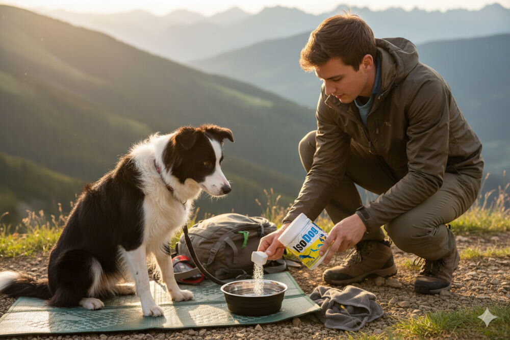 Suplement dla psa GAME DOG IsoDog V2 Nawodnienie izotonik 150 g Mężczyzna na górskim szlaku wsypuje miarkę suplementu IsoDog do miski z wodą dla psa rasy Border Collie na tle zachodzącego słońca.