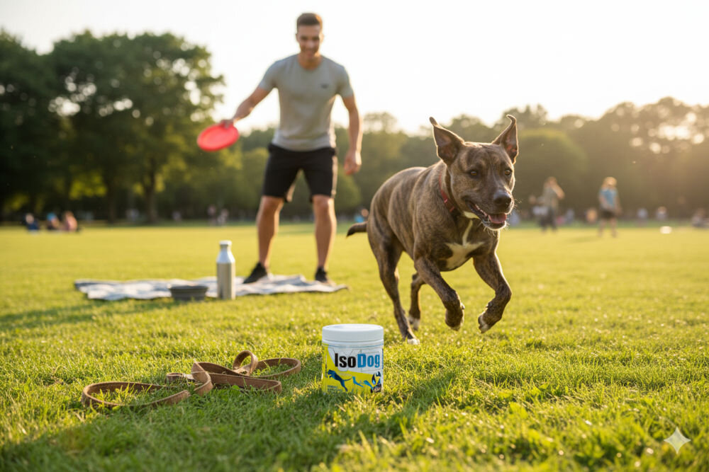 Suplement dla psa GAME DOG IsoDog V2 Nawodnienie izotonik 150 g Radosny pies biegnący po trawie w parku obok opakowania IsoDog, w tle właściciel bawiący się frisbee podczas słonecznego dnia. 