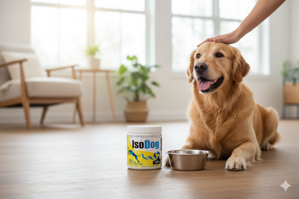 Suplement dla psa GAME DOG IsoDog V2 Nawodnienie izotonik 150 g Pies rasy Golden Retriever leżący w jasnym salonie obok miski z wodą i opakowania IsoDog, głaskany przez właściciela.