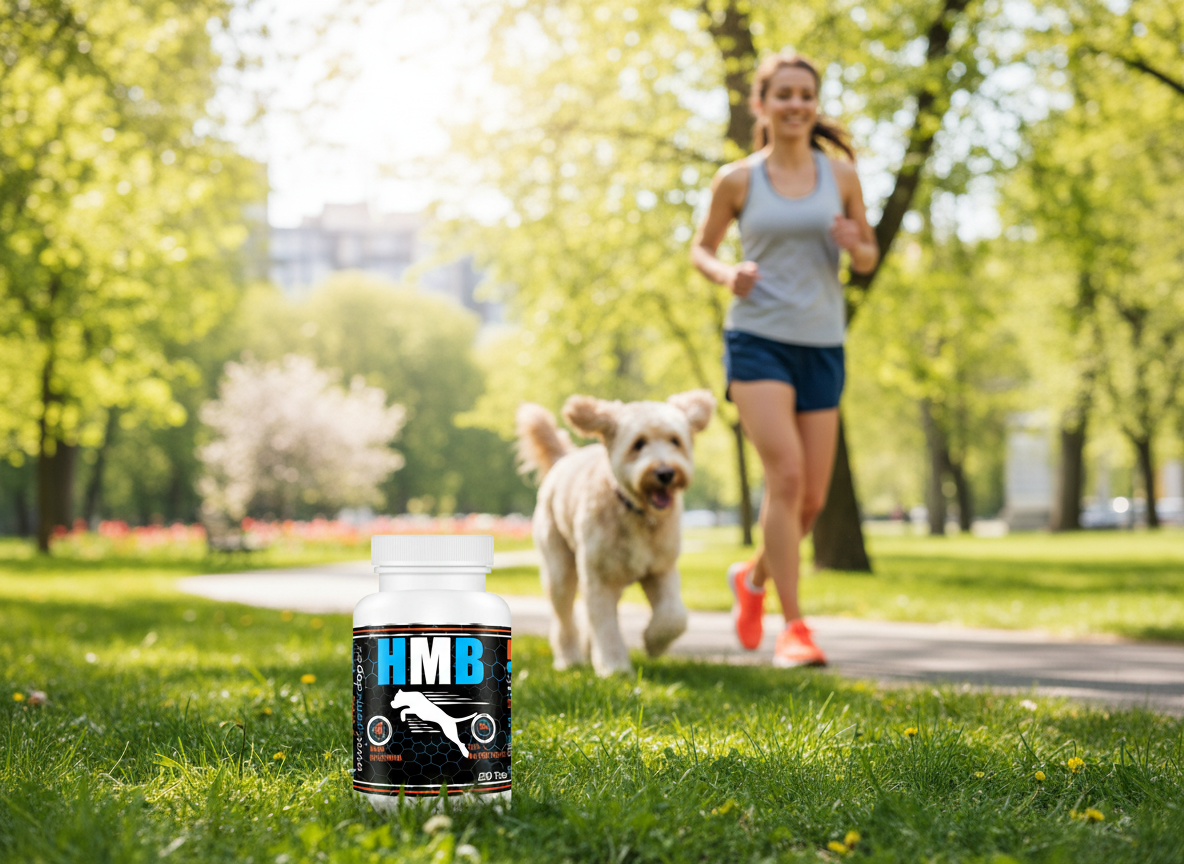 Suplement dla psa GAME DOG HMB (120 kapsułek) Dwa opakowania suplementu Flora Protect na drewnianej tacy. Jedno stoi, a z drugiego, leżącego na boku, wysypują się beżowe kapsułki. Zdjęcie typu still life podkreślające formę kapsułek.