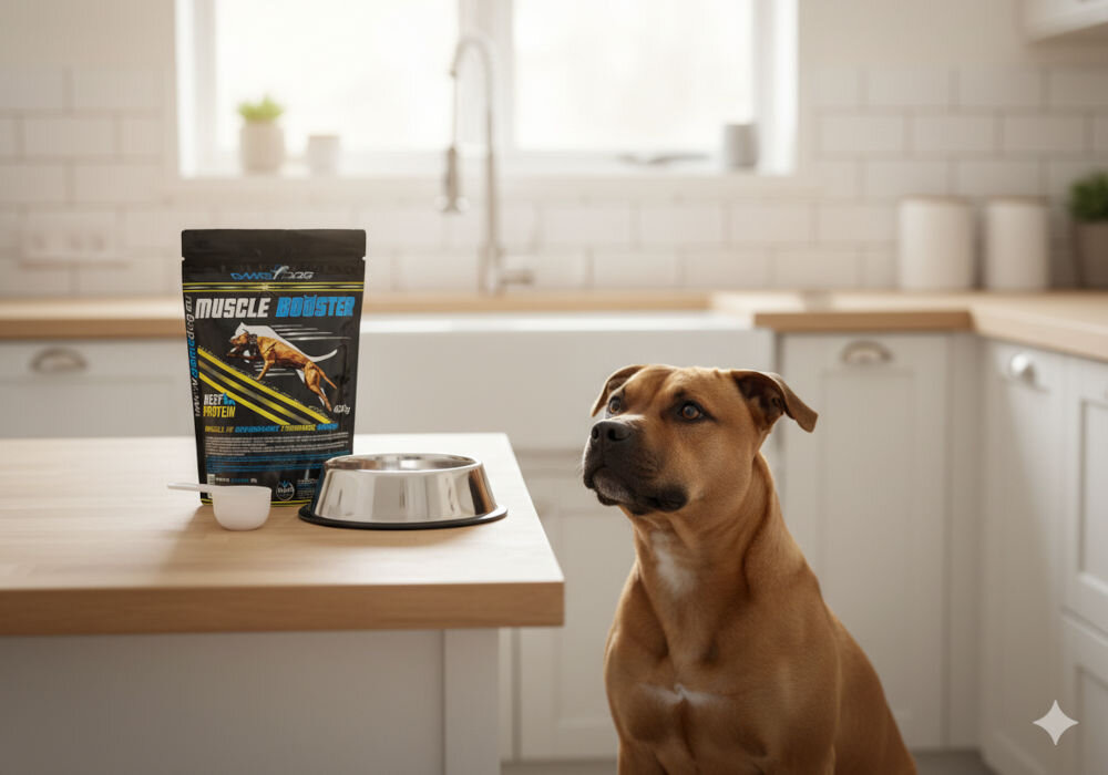 Suplement dla psa GAME DOG Muscle Booster 400g – karma uzupełniająca budująca mięśnie, regeneracja po wysiłku i chorobie Opakowanie odżywki dla psów Muscle Booster obok metalowej miski na kuchennym blacie, w tle pies rasy Amstaff czekający na posiłek.