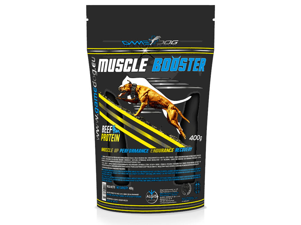 GAME DOG Muscle Booster 400g – hydrolizowane białko wołowe, BCAA, tauryna, suplement dla psa sportowego i rekonwalescenta Suplement Muscle Booster 400g z białkiem wołowym (Beef Protein), wspomagający budowę mięśni, wydajność i regenerację u psów sportowych.