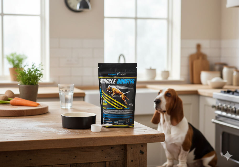 GAME DOG Muscle Booster tauryna bromelaina witaminy B – regeneracja psa po treningu, uraz sportowy, rekonwalescencja, agility canicross Preparat dla psów na masę mięśniową Muscle Booster na drewnianym stole w kuchni, w tle siedzący pies rasy Basset Hound.