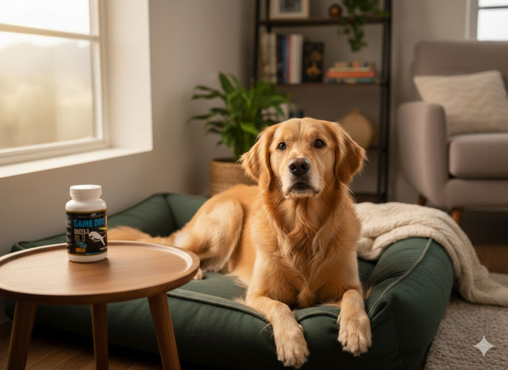 Suplement dla psa GAME DOG Omega-3 (60 kapsułek) Golden retriever leżący na zielonym legowisku w salonie, obok stolika z opakowaniem suplementu Game Dog Omega-3.