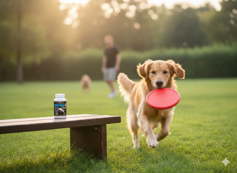 Suplement dla psa GAME DOG Omega-3 (60 kapsułek) Radosny golden retriever biegnący po trawie z czerwonym frisbee w pyszczku, w tle opakowanie Game Dog Omega-3 na ławce.