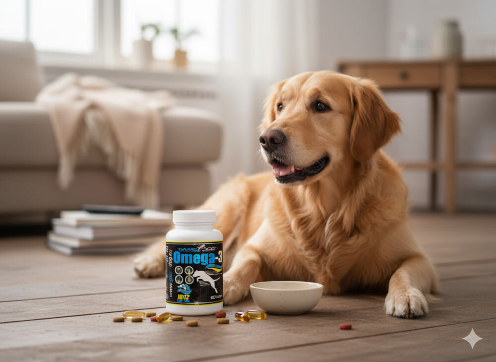 Suplement dla psa GAME DOG Omega-3 (60 kapsułek) Pies rasy golden retriever leżący na podłodze obok miseczki i opakowania Omega-3 z rozsypanymi kapsułkami i karmą.
