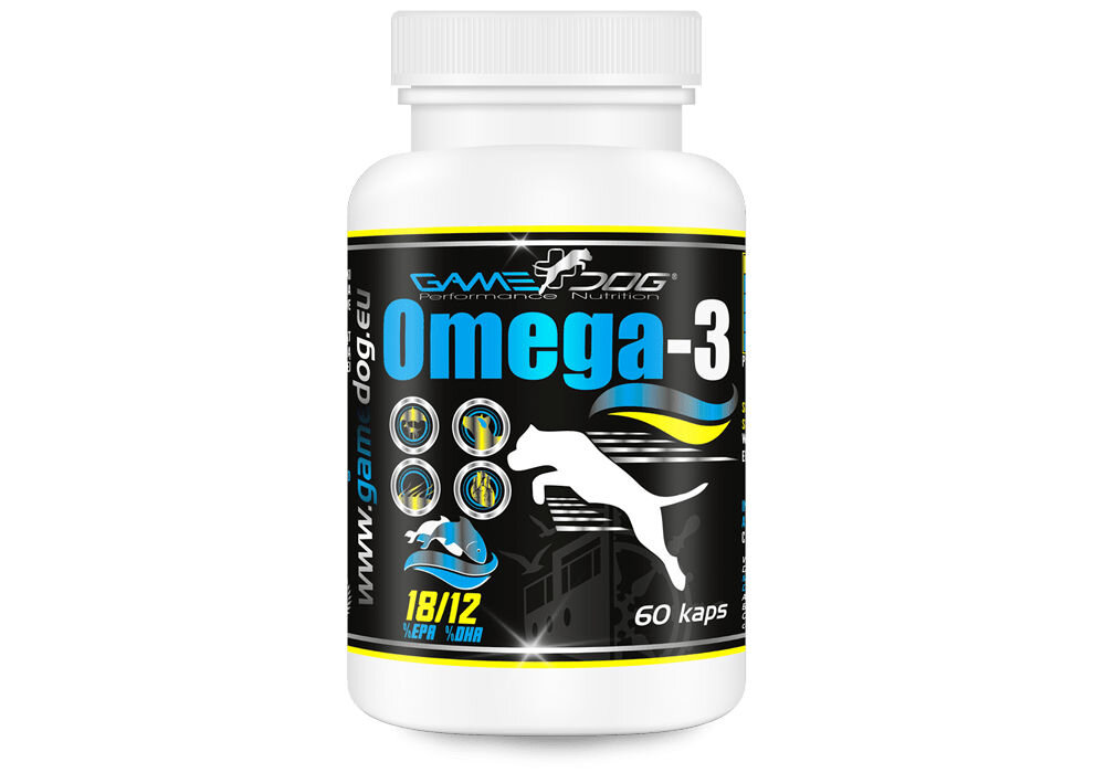 Suplement dla psa GAME DOG Omega-3 (60 kapsułek) Widok z przodu na białe opakowanie suplementu Game Dog Omega-3 (60 kapsułek) z wyraźnym oznaczeniem zawartości EPA i DHA.
